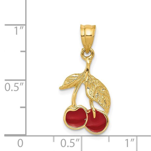 14k Yellow Gold Red Enameled Cherries Pendant - Picture 4 of 5